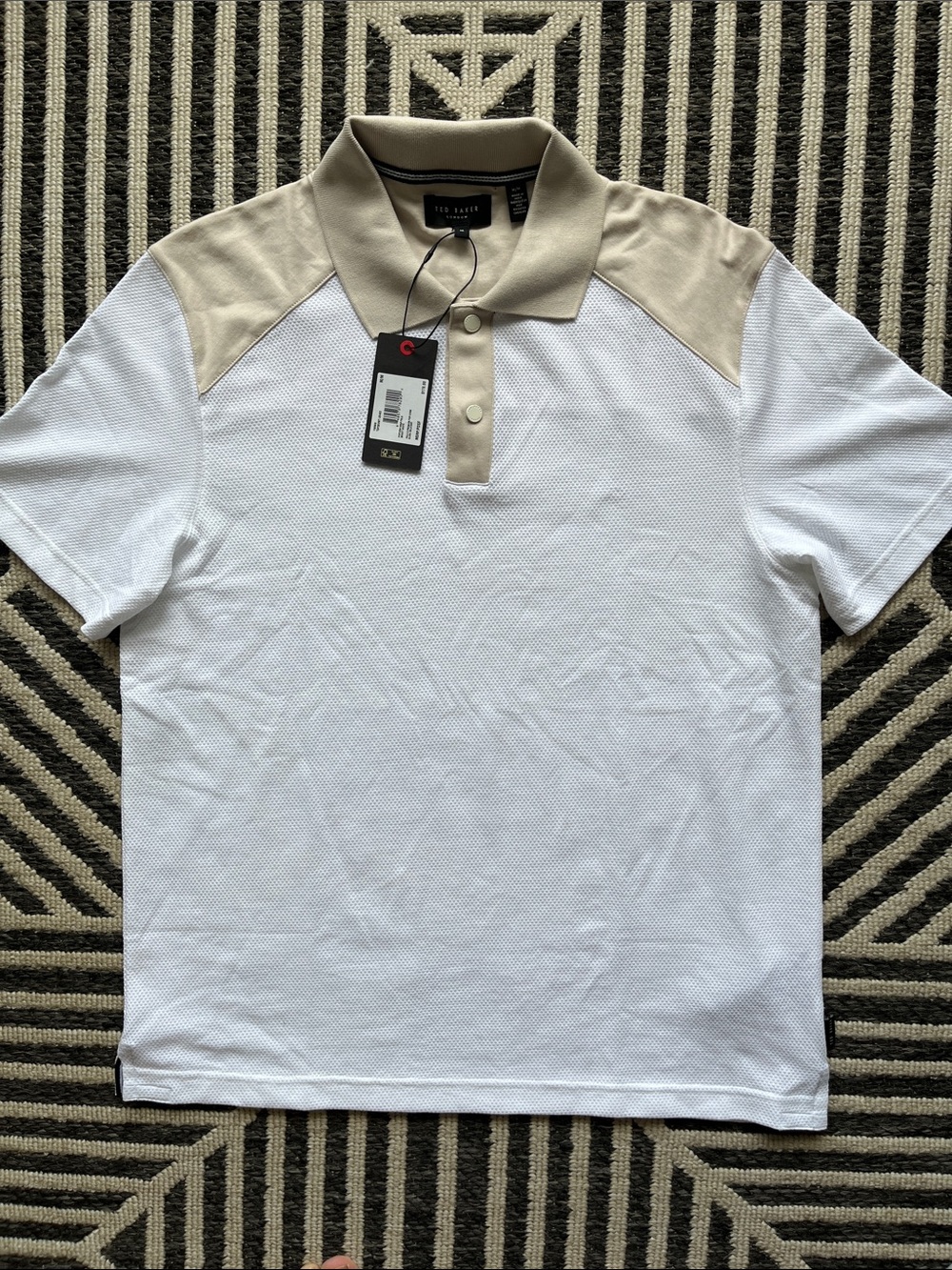 Ted Baker White Knit Polo with Beige Contrast Collar